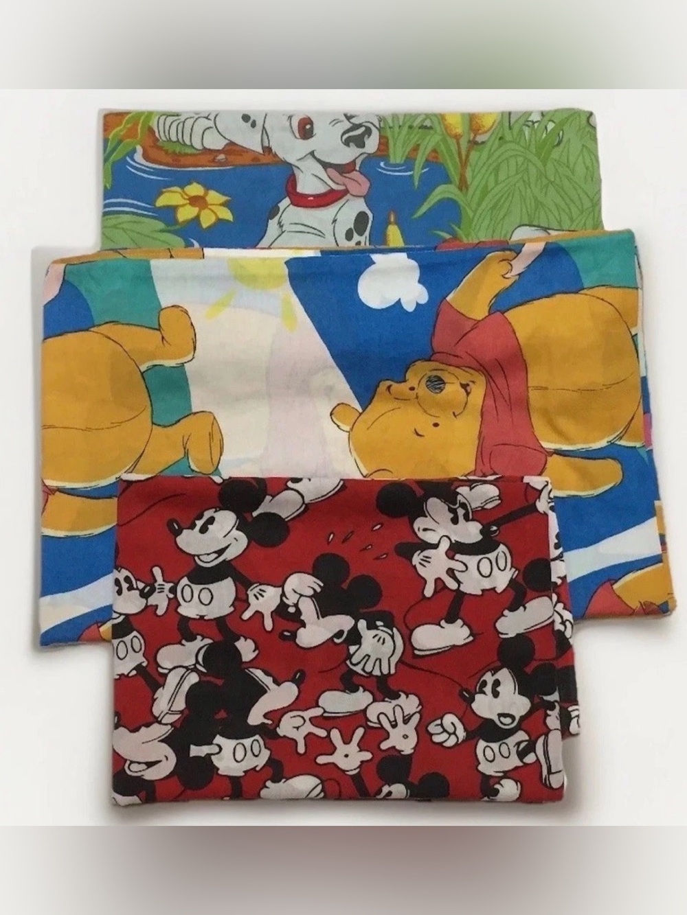 Vintage Disney Sheets Lot of 3 Fabric Mickey Mouse Winnie Pooh 101 Dalmatian